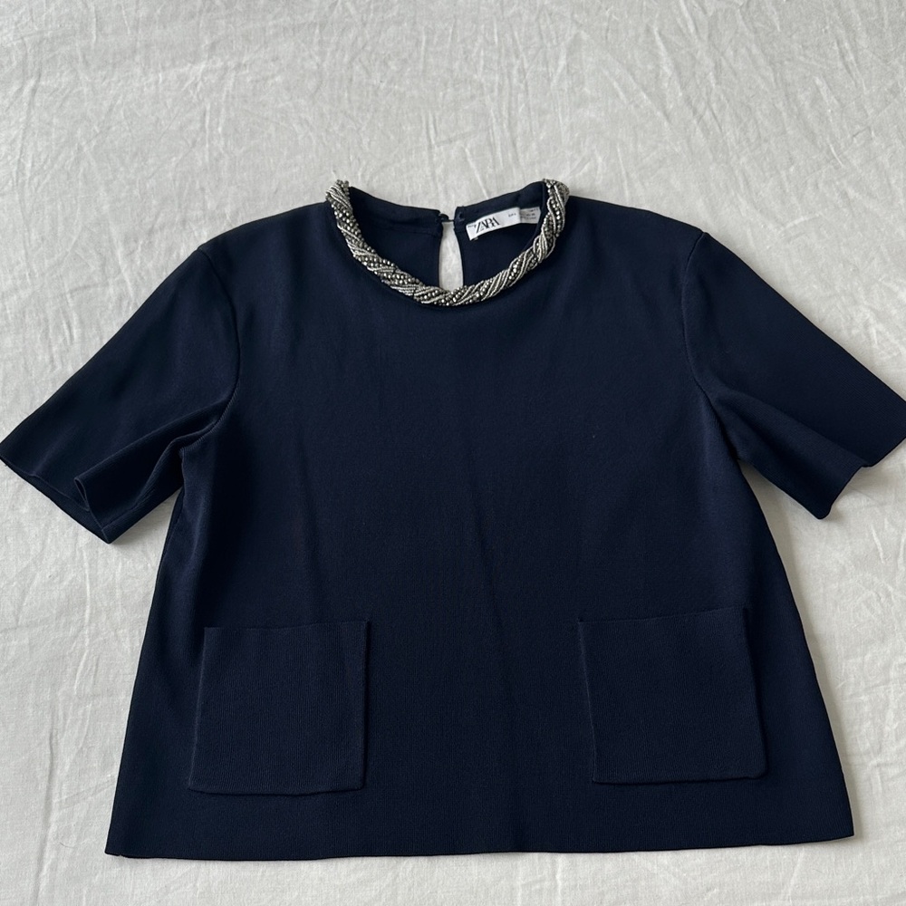 Zara Dark Blue Blouse with Silver Chain Accent